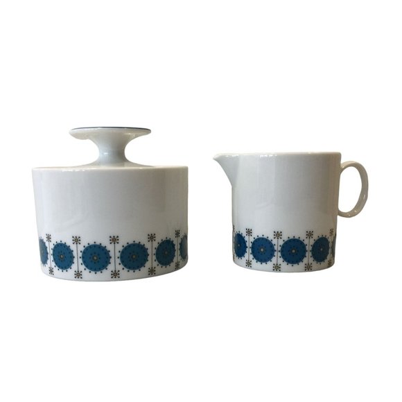 Thomas Germany Medallion Emerald Vintage Sugar Bowl and Creamer White Teal-AS IS - Picture 1 of 7